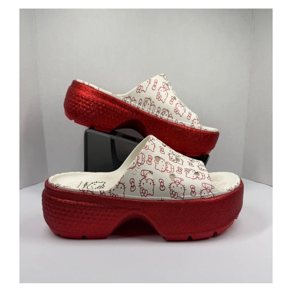 Crocs Stomp Slide Hello Kitty 50th Anniversary Red Glitter Platform Womens 11